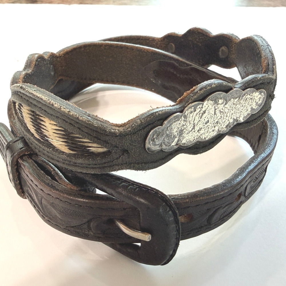 Vintage Hand Tooled Leather Western Belt 30 Zebra Hair Hide Concho Dark Brown